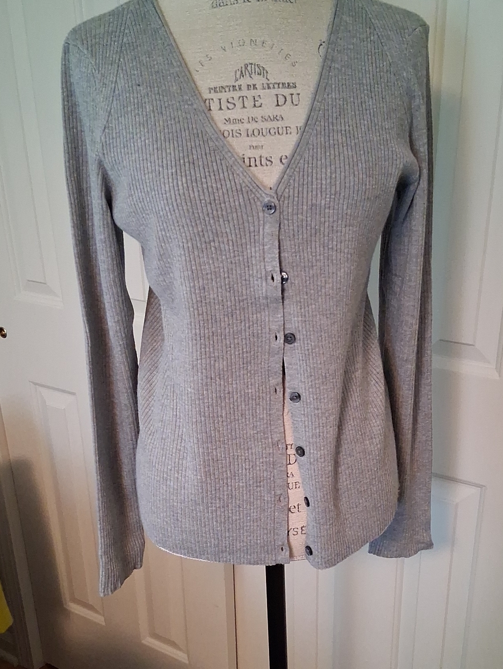Elizabeth and James Gray Ribbed V-Neck Button Cardigan